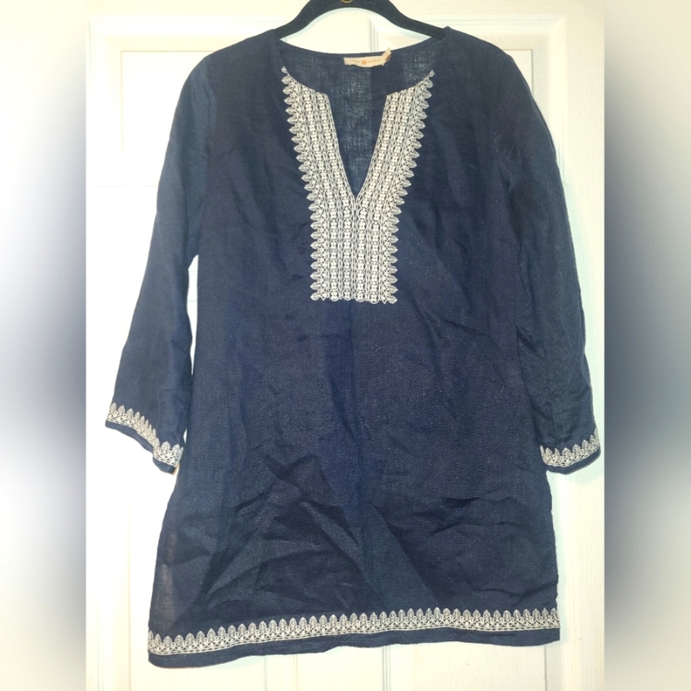 Navy Embroidered Tunic Top with White Trim